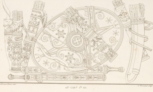 Weapon trophy, ornamental print, ornament with weapons and armor, taken from the Column of Trajan.
