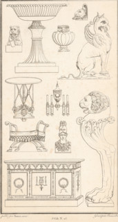 Various ornaments, ornamental print, Ornamental print with various furniture and other objects.