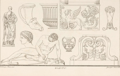 Various ornaments, ornamental print, Ornamental print with various objects, at the bottom the image