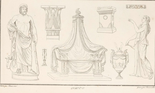 Various ornaments, ornamental print, Ornamental print with a central couch with a canopy, and a