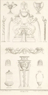 Fountain and various vases, ornamental print, Ornamental print including a fountain and various