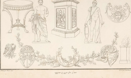 Various ornaments, ornamental print, Ornamental print with two central standing male figures on
