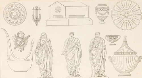 Various ornaments, ornamental print, Ornamental print with three standing figures centrally at the