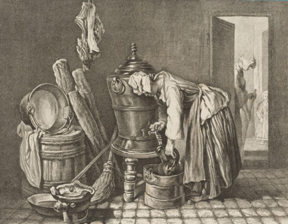 Interior with woman filling a jug with water, print, printmaker: Alfred de Dreux, Netherlands,
