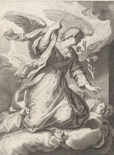 Angel Gabriel, print, The Archangel Gabriel on a cloud. In his left hand he holds a lily and his