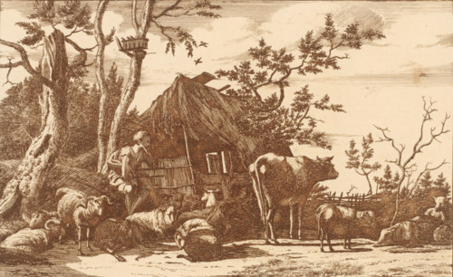 Sitting shepherd with cattle in front of a dilapidated barn, print, printmaker: Vincent Jansz. van