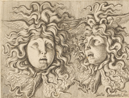 Two heads of Gorgons, print, printmaker: Giovanni Battista Galestruzzi, Italy, after sculpture by