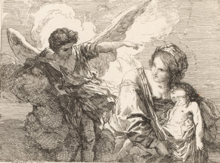 The angel appears to Hagar and Ishmael in the desert, print, printmaker: Charles François Hutin,