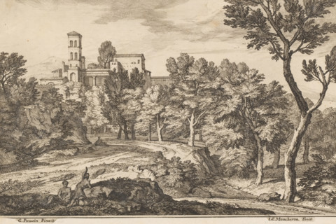 Landscape with trees and a tower, Arcadian landscapes, print, : '86', printmaker: Isaac de