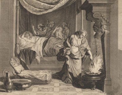 Birth of Meleager, print, Interior with three Fates at the birthing bed of Althaea, the mother of