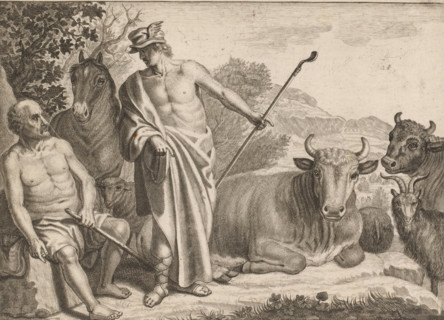 Mercury and Battus, Metamorphoses by Ovid, print, inscription: 'Ovide, Traduction du Ryer,