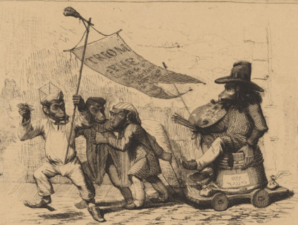 Triomphe de la peinture, Satire op de schilderkunst (Triumph of painting), print, Three dressed
