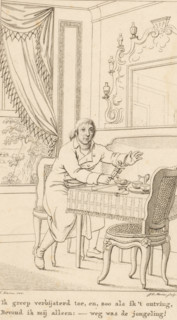 Man sitting at a table with a doll in his hand, print, book illustration, With two-line caption in