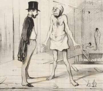 Man in swimming trunks speaks to a dressed man, Une profession du foi, Bathing men, Les baigneurs,
