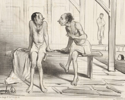 Two men on a bench in the swimming pool, Les baigneurs, Men bathing, cartoon, print, Series number,