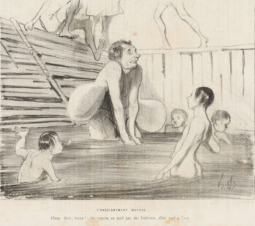 Man with swimming rings is afraid to enter the water, L'enseignement mutuel, Les Baigneurs, Bathing