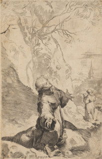 Stigmatization of Saint Francis, print, Saint Francis kneeling by a tree, arms outstretched, his