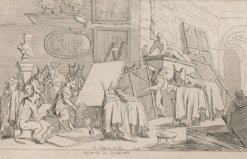 Art connoisseurs and dealers presented as donkeys, Assemblée de Brocanteurs, print, A satire on the