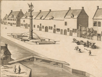 Village street with fountain with the Archangel Michael, print, book illustration, A canal with a