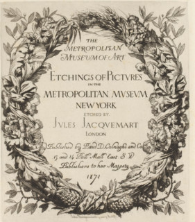 Garland of flowers and leaves around text, Etchings after paintings in The Metropolitan Museum of