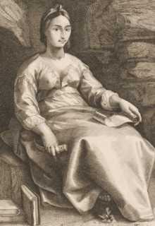 Melpomene, print, A seated woman with a flute in her right hand and a roll of paper on her lap.