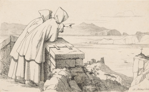 Two monks looking over the Gulf of Naples, print, Two monks looking over the Gulf of Naples towards