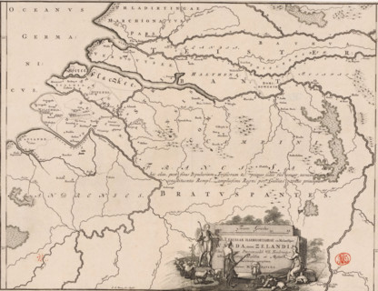 Historical map of the Netherlands with the territories of the Batavians and Frisians, Pars I