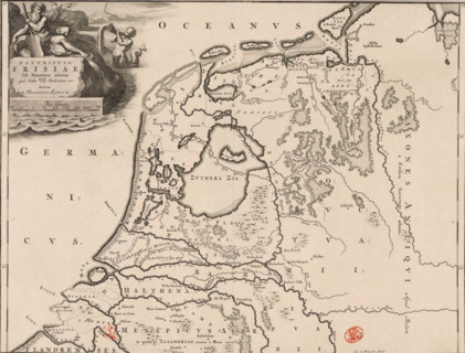 Historical map of the Netherlands with the territories of the Batavians and Frisians, Descriptio