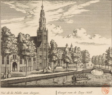 View of the Saaihal in Leiden, Gesigt van de Zaey Hall, Vuë de la Halle aux Sarges, print, book
