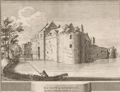 View of Woerden Castle, The castle at Woerden, visible on its left side, print, book illustration,