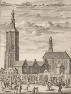 View of the Great Church in The Hague, The Great or St. James Church with the tower in The Hague,