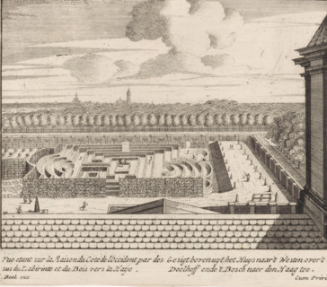 View from above the house toward the west over the labyrinth and the forest toward The Hague, View