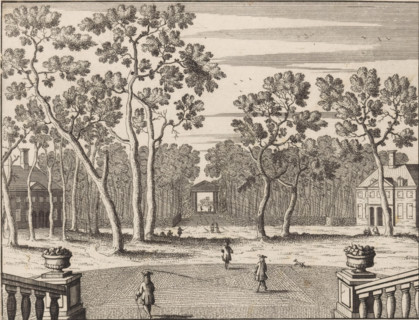 View of the front gate of Huis ten Bosch, 't Gesigt van trappen van 't huys siende naer de voorste
