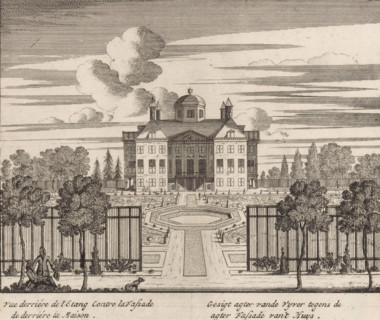 View behind the pond against the facade of the house, View of the back of Huis ten Bosch, print,