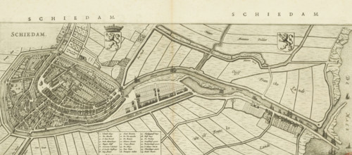 Schiedam, Map and description of Schiedam, area plan, print, Map in bird's-eye perspective and part