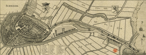 Map of Schiedam, Schiedam, area plan, print, Map in bird's-eye perspective. Top left the title, to