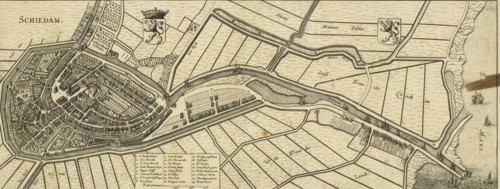 Schiedam, Map of Schiedam, area plan, print, Map in bird's-eye view perspective. Top left the