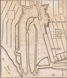 Fortress map of Delfshaven, Delfshaven, area plan, print, Top left an empty coat of arms. Right the