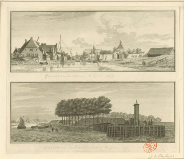 View of Goes, 1743, View of the harbor and Westerschans in Goes, print, Above a view of Goes, seen
