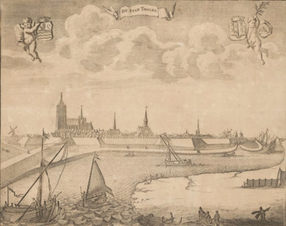 View of Tholen, The City of Tholen, print, book illustration, seen from the water. Top left a putto