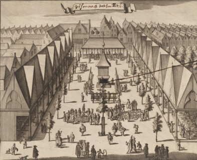 Vismarct tot Middelb., View of the Fish Market in Middelburg, print, where fish are sold in both