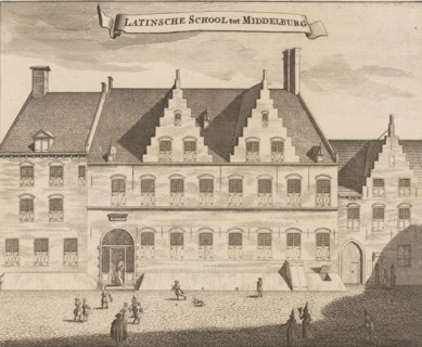 View of the Latin School in Middelburg, Latinsche School tot Middelburg, print, book illustration,