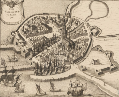 Old Vlissingen of the Year 1500, Map of Vlissingen, 1500, print, book illustration, Bird's-eye view