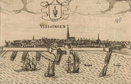 Vlissingen, View of Vlissingen, print, book illustration, View of Vlissingen with the city's coat