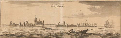 Ter Veer, View of Veere, print, seen from the water. Title at the top center., printmaker: Caspar