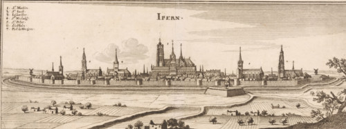 Ipern, View of Ypres, print, View of Ypres from the south. Top left a legend 1-7., printmaker: