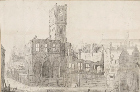 Ruins of the burned-down Old City Hall of Amsterdam, 1652, print, The ruins of the Old City Hall of
