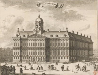 View of the front of the City Hall on the Dam, Stadt Huys, print, book illustration, View of the