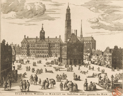 View of the City Hall, the Nieuwe Kerk and the Weigh-House on the Dam in Amsterdam, Stadt-Huys,