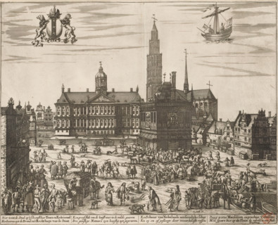 View of the City Hall, the Nieuwe Kerk, and the Waag on the Dam in Amsterdam, print, View of the